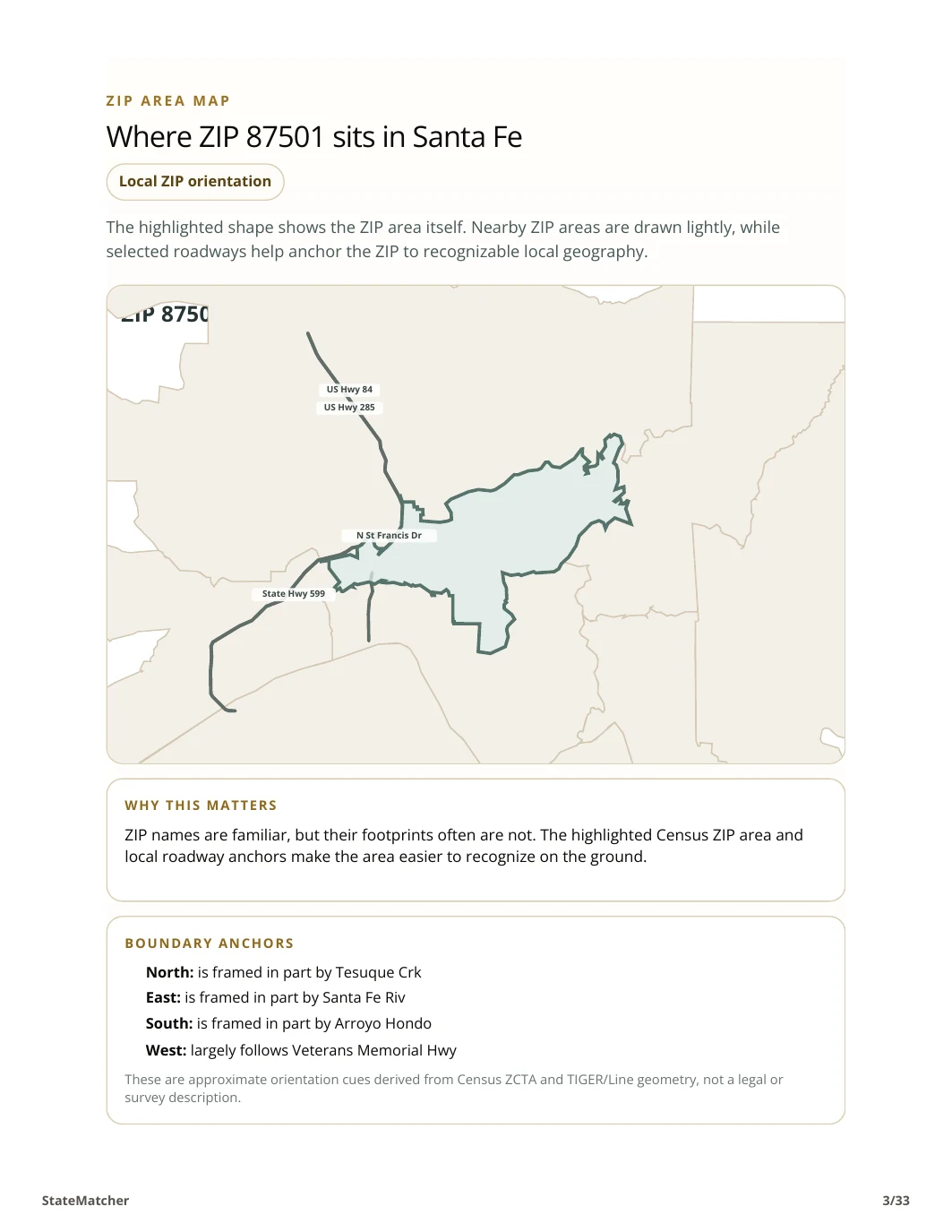 ZIP 87501 map and roadway anchors